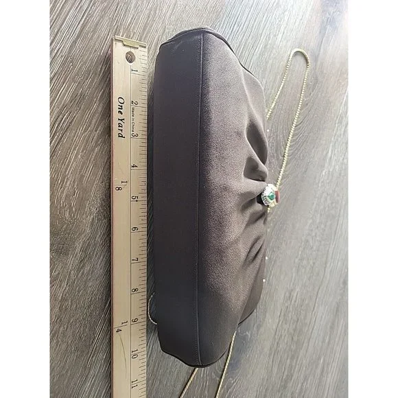 Vintage Judith Leiber Brown Fabric Clutch Crossbody Gold Chain Gemstone Clasp